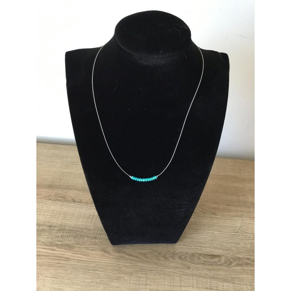 Dainty Silver-tone Necklace w/Small Turquoise Beads & Heart Closure